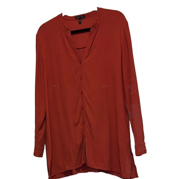 Eileen Fisher‎ 100% Silk Large V-neck Button Down Rust Tunic Long Shirt Minimal - Picture 2 of 12
